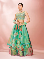 Myra Green Art Silk Embroidered Mirror Work Lehenga | Grocsy