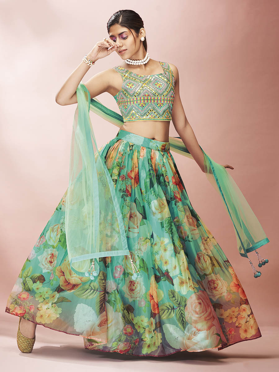 Myra Green Art Silk Embroidered Mirror Work Lehenga | Grocsy