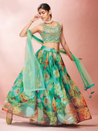 Myra Green Art Silk Embroidered Mirror Work Lehenga | Grocsy
