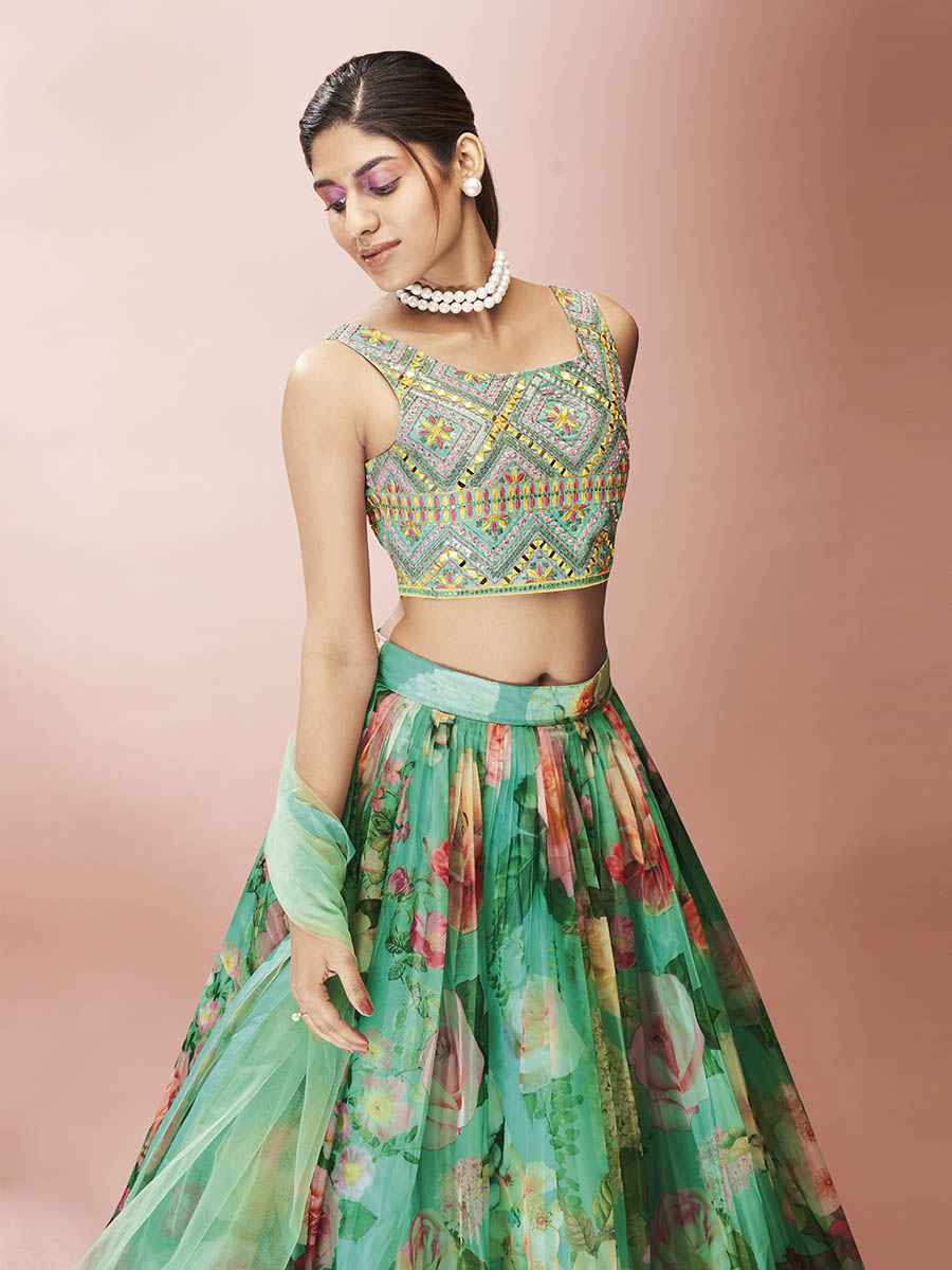 Myra Green Art Silk Embroidered Mirror Work Lehenga | Grocsy