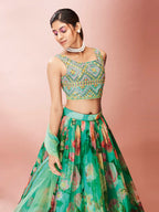 Myra Green Art Silk Embroidered Mirror Work Lehenga | Grocsy