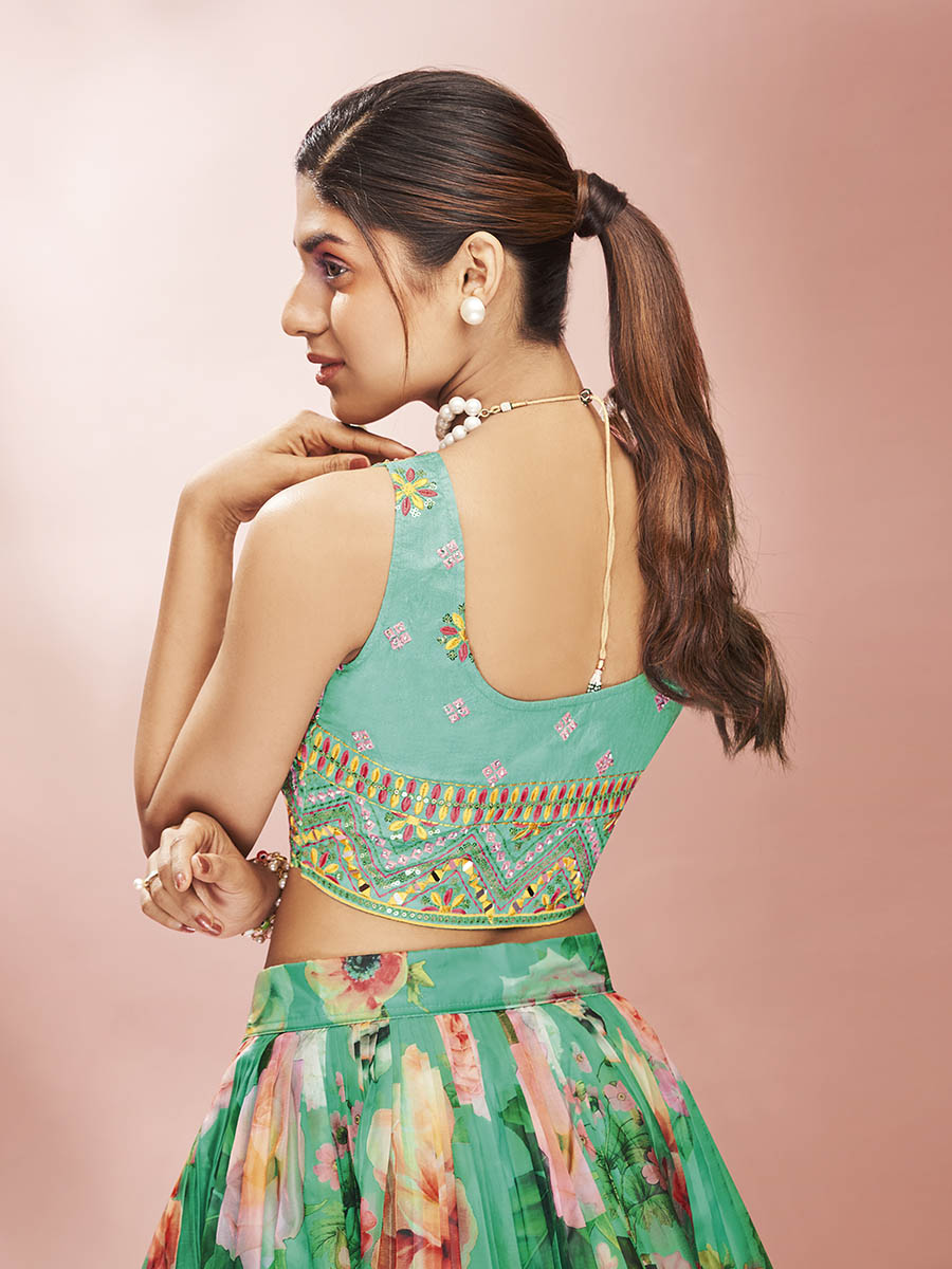 Myra Green Art Silk Embroidered Mirror Work Lehenga | Grocsy