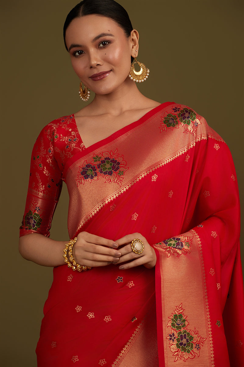 Monjolika Fashion Red Woven Silk Blend SareeWith Zari Work & Floral Motifs | Grocsy