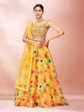 Myra Yellow Art Silk Embroidered Mirror Work Lehenga | Grocsy
