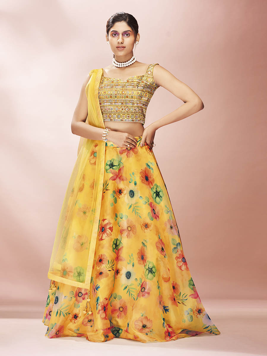 Myra Yellow Art Silk Embroidered Mirror Work Lehenga | Grocsy