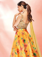 Myra Yellow Art Silk Embroidered Mirror Work Lehenga | Grocsy