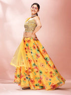 Myra Yellow Art Silk Embroidered Mirror Work Lehenga | Grocsy