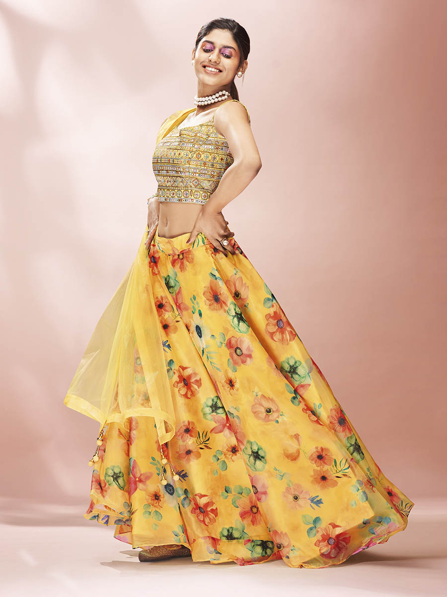 Myra Yellow Art Silk Embroidered Mirror Work Lehenga | Grocsy