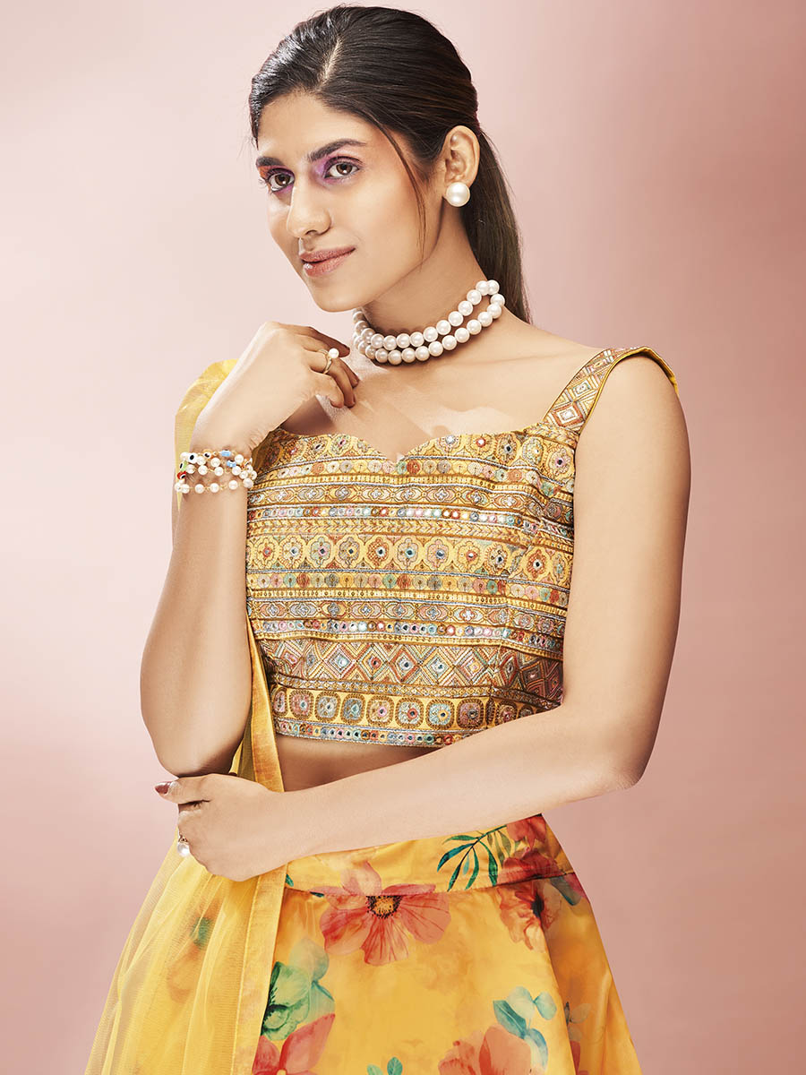Myra Yellow Art Silk Embroidered Mirror Work Lehenga | Grocsy