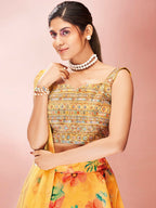 Myra Yellow Art Silk Embroidered Mirror Work Lehenga | Grocsy