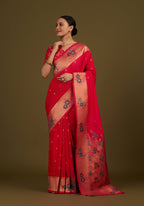 Monjolika Fashion Pink Woven Silk Blend SareeWith Zari Work & Floral Motifs | Grocsy