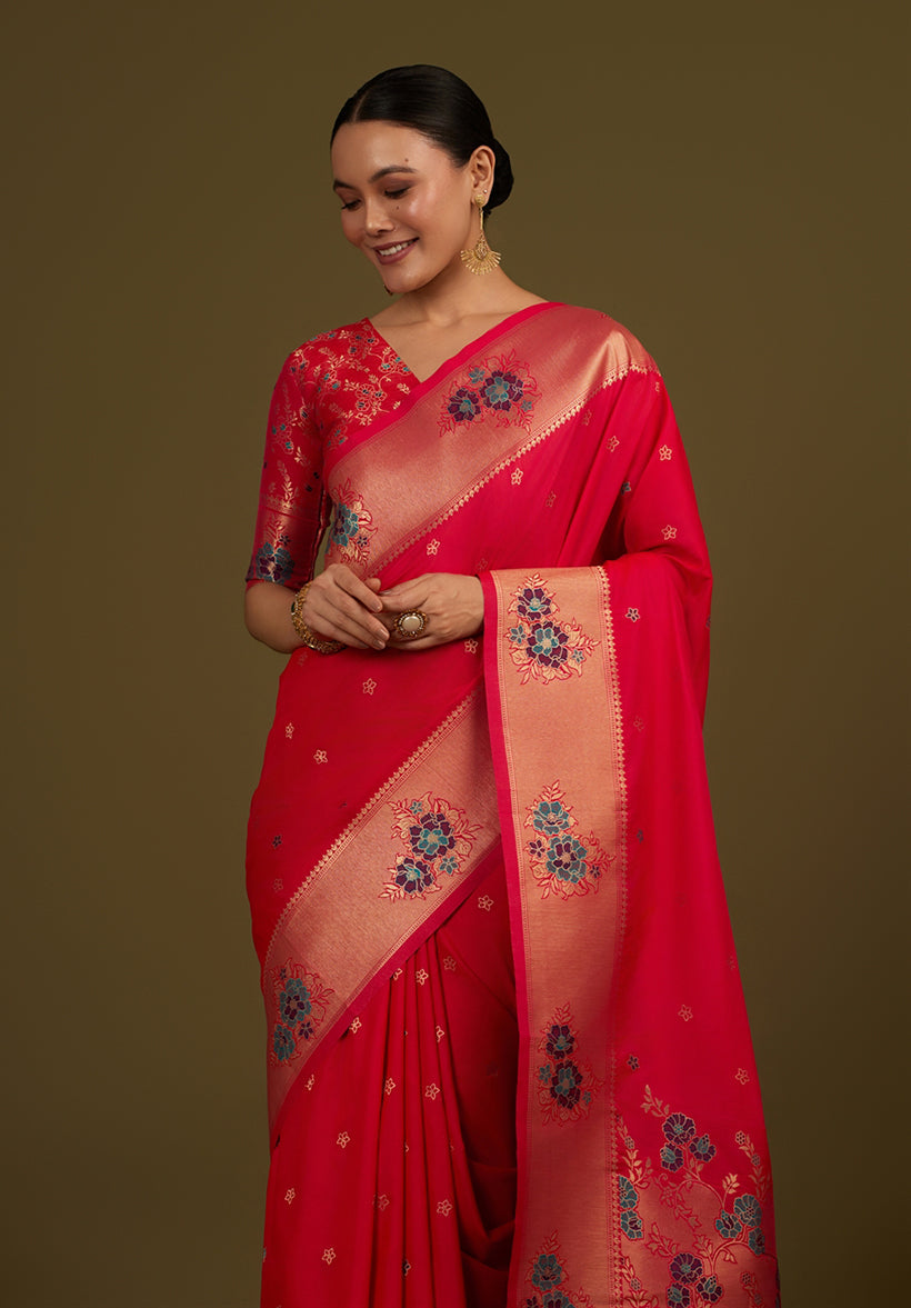 Monjolika Fashion Pink Woven Silk Blend SareeWith Zari Work & Floral Motifs | Grocsy