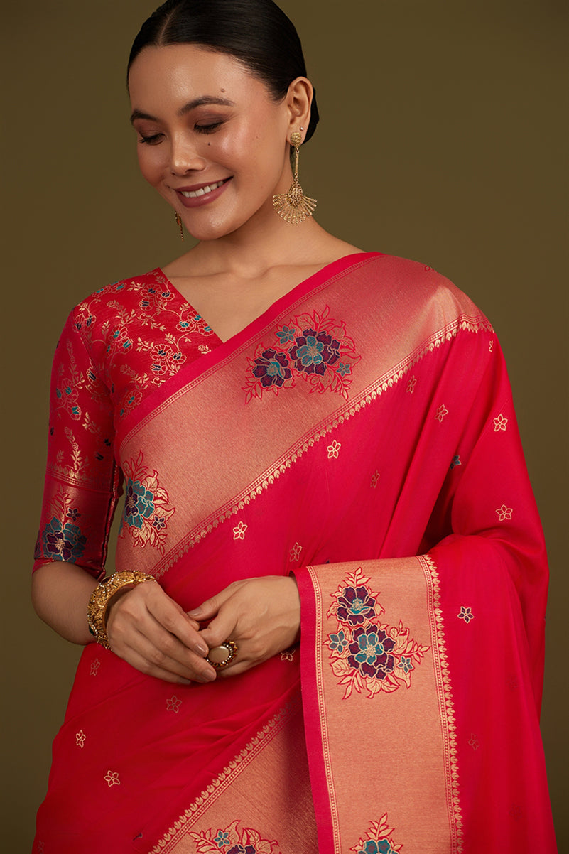 Monjolika Fashion Pink Woven Silk Blend SareeWith Zari Work & Floral Motifs | Grocsy