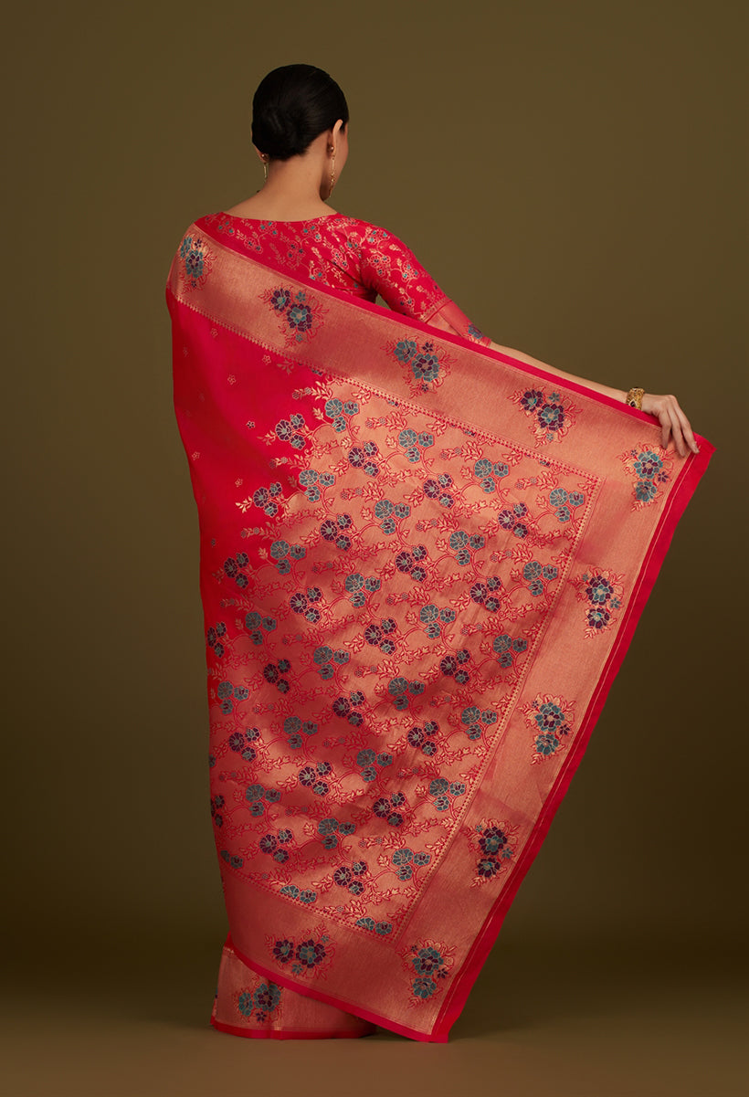 Monjolika Fashion Pink Woven Silk Blend SareeWith Zari Work & Floral Motifs | Grocsy