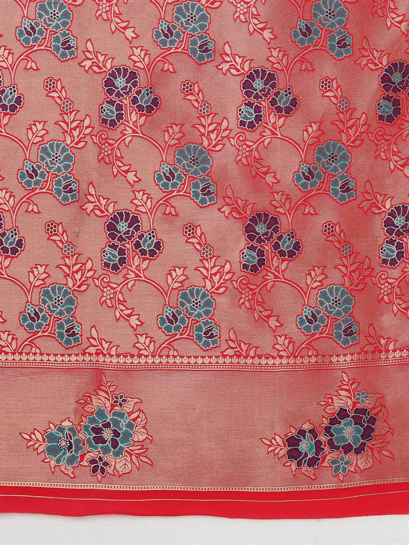 Monjolika Fashion Pink Woven Silk Blend SareeWith Zari Work & Floral Motifs | Grocsy