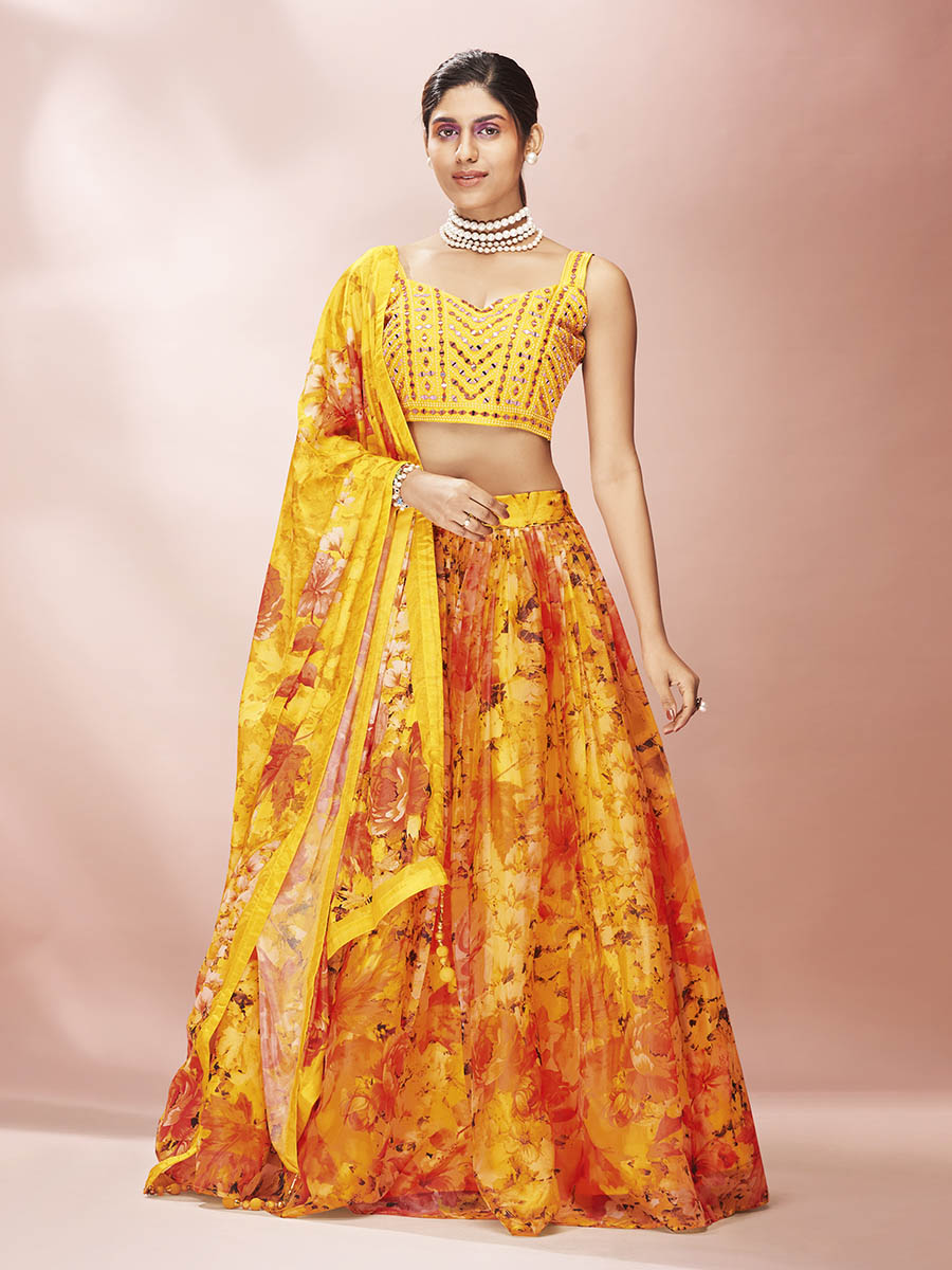 Myra Yellow Art Silk Embroidered Mirror Work Lehenga For Women | Grocsy