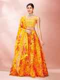 Myra Yellow Art Silk Embroidered Mirror Work Lehenga | Grocsy