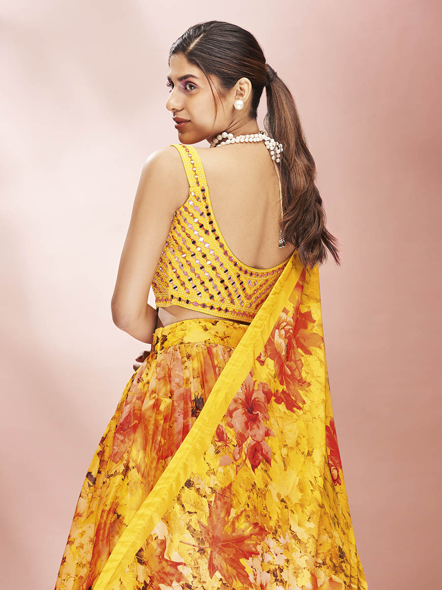 Myra Yellow Art Silk Embroidered Mirror Work Lehenga For Women | Grocsy