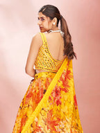 Myra Yellow Art Silk Embroidered Mirror Work Lehenga | Grocsy