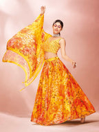 Myra Yellow Art Silk Embroidered Mirror Work Lehenga For Women | Grocsy