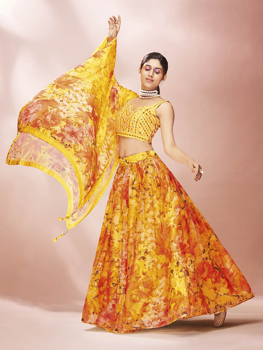 Myra Yellow Art Silk Embroidered Mirror Work Lehenga | Grocsy