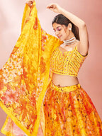 Myra Yellow Art Silk Embroidered Mirror Work Lehenga For Women | Grocsy