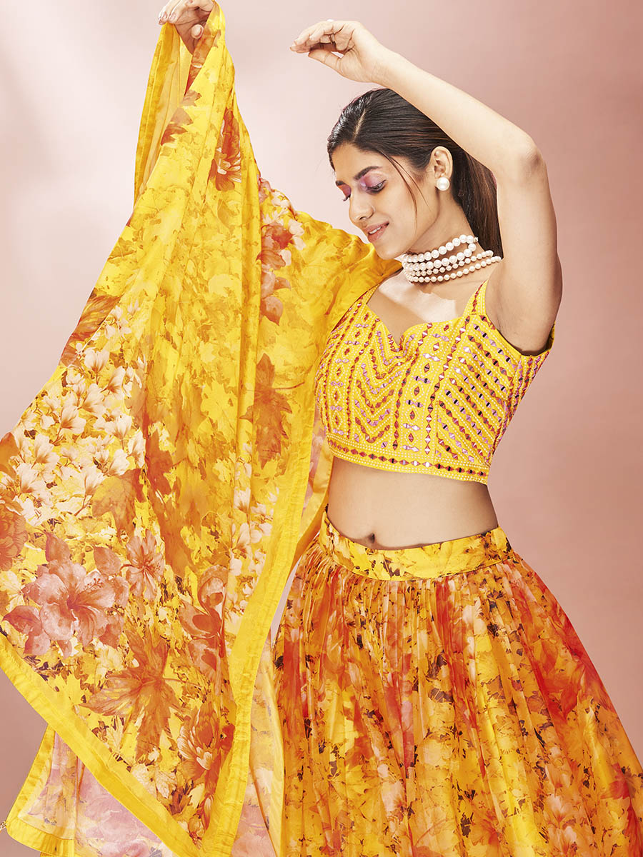Myra Yellow Art Silk Embroidered Mirror Work Lehenga For Women | Grocsy