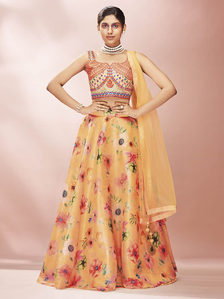 Myra Mustard Art Silk Embroidered Mirror Work Lehenga | Grocsy