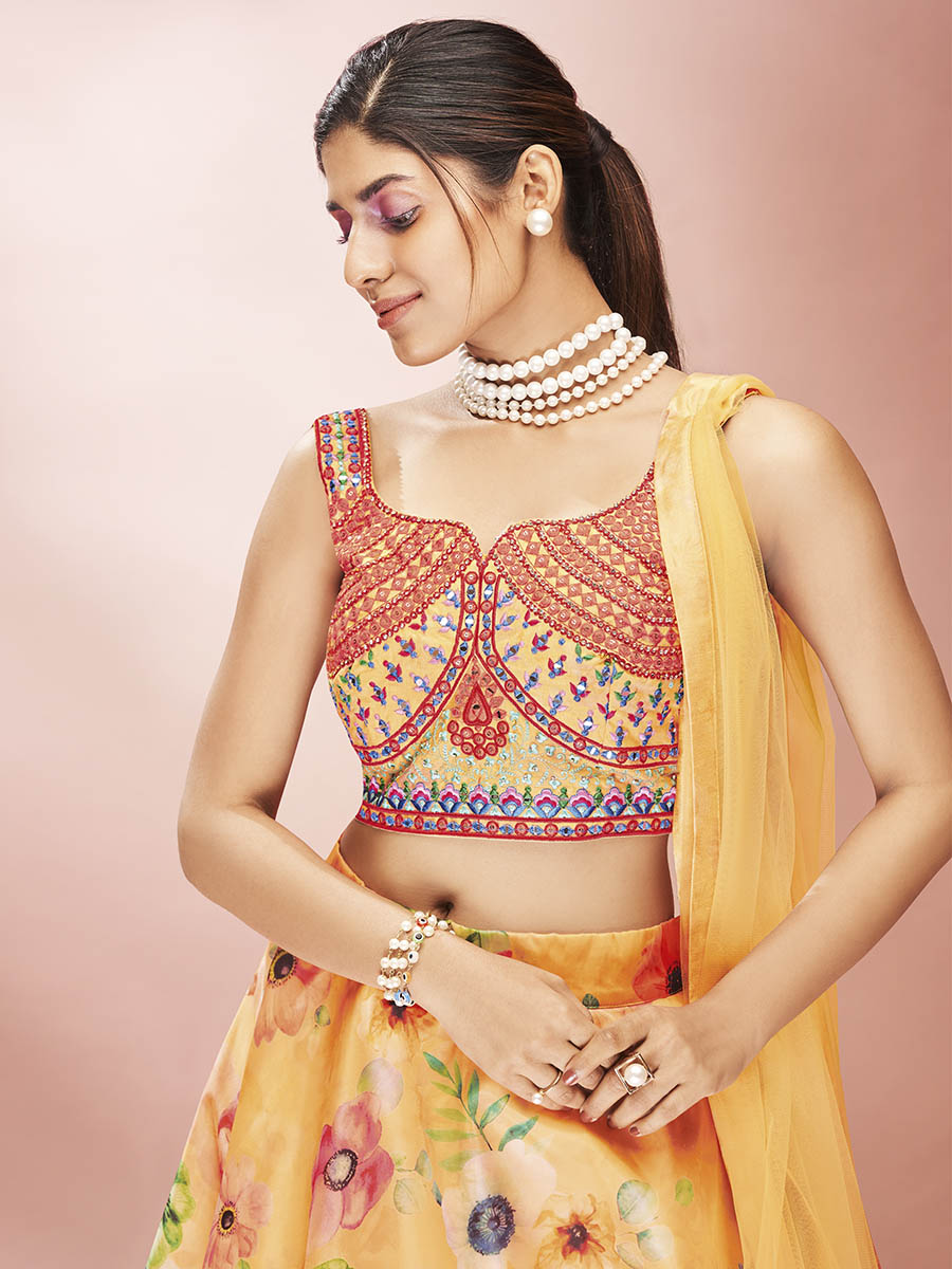 Myra Mustard Art Silk Embroidered Mirror Work Lehenga | Grocsy