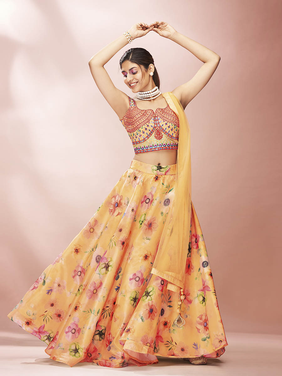 Myra Mustard Art Silk Embroidered Mirror Work Lehenga | Grocsy