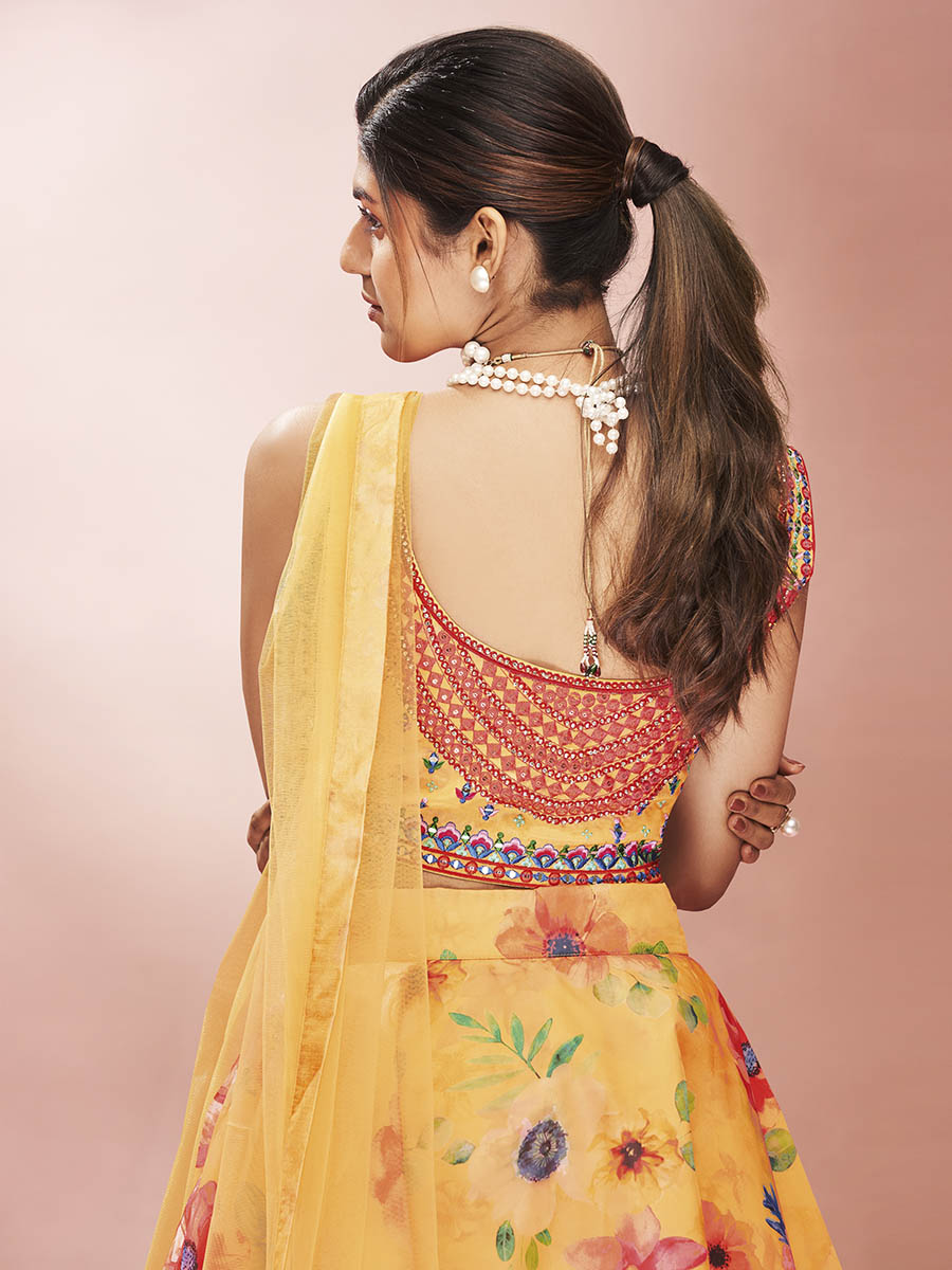 Myra Mustard Art Silk Embroidered Mirror Work Lehenga | Grocsy