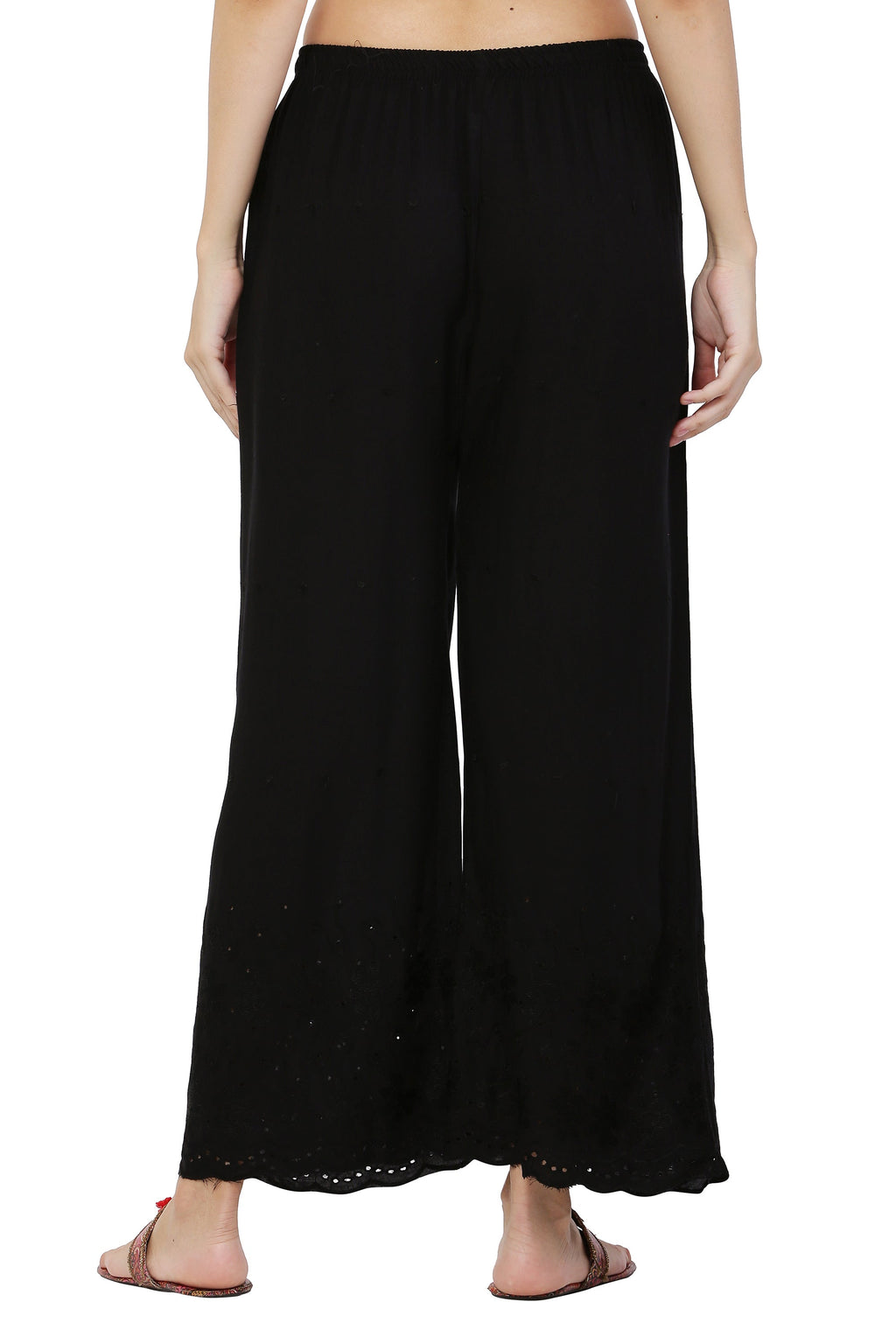 PAVONINE Black Color Half Schiffli Chikankari Rayon Fabric Palazzo For Women | Grocsy