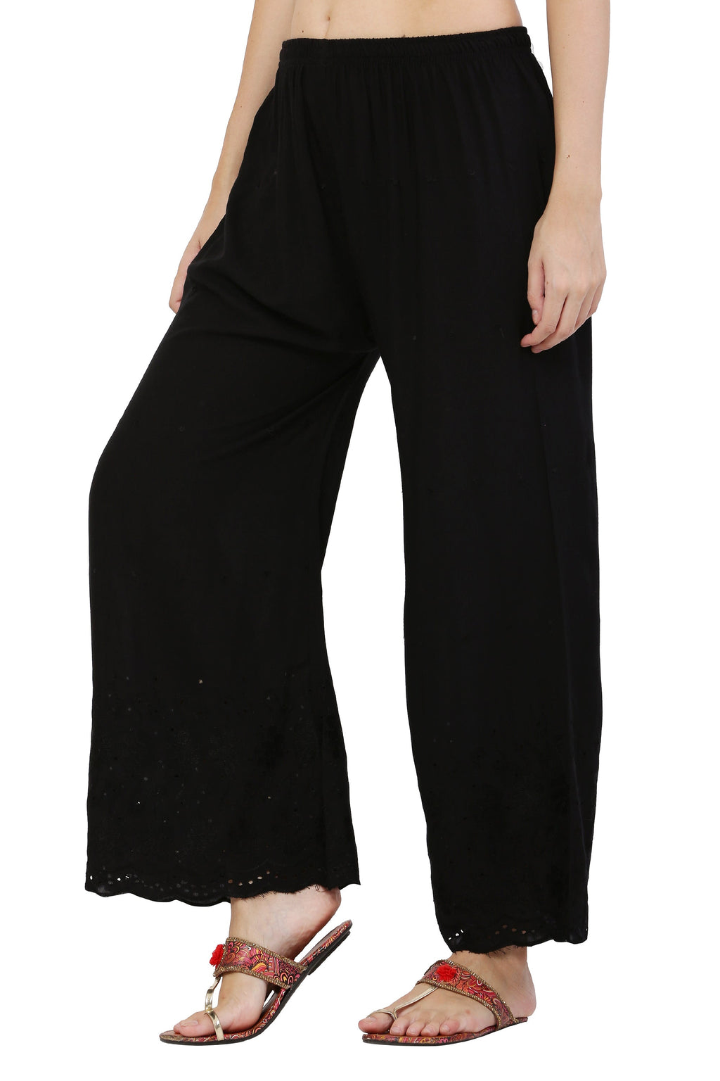 PAVONINE Black Color Half Schiffli Chikankari Rayon Fabric Palazzo For Women | Grocsy