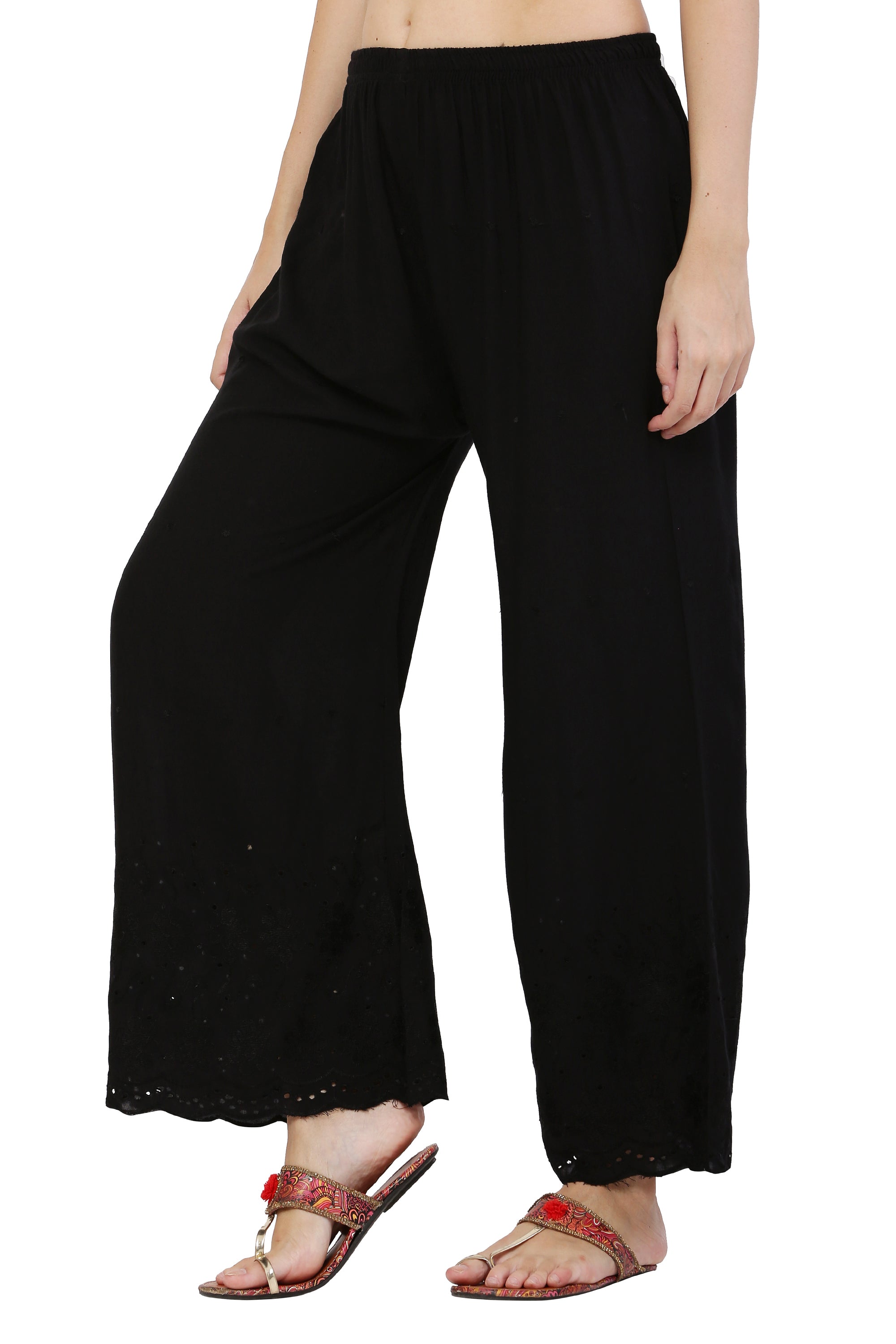 PAVONINE Black Color Half Schiffli Chikankari Rayon Fabric Palazzo For Women | Grocsy