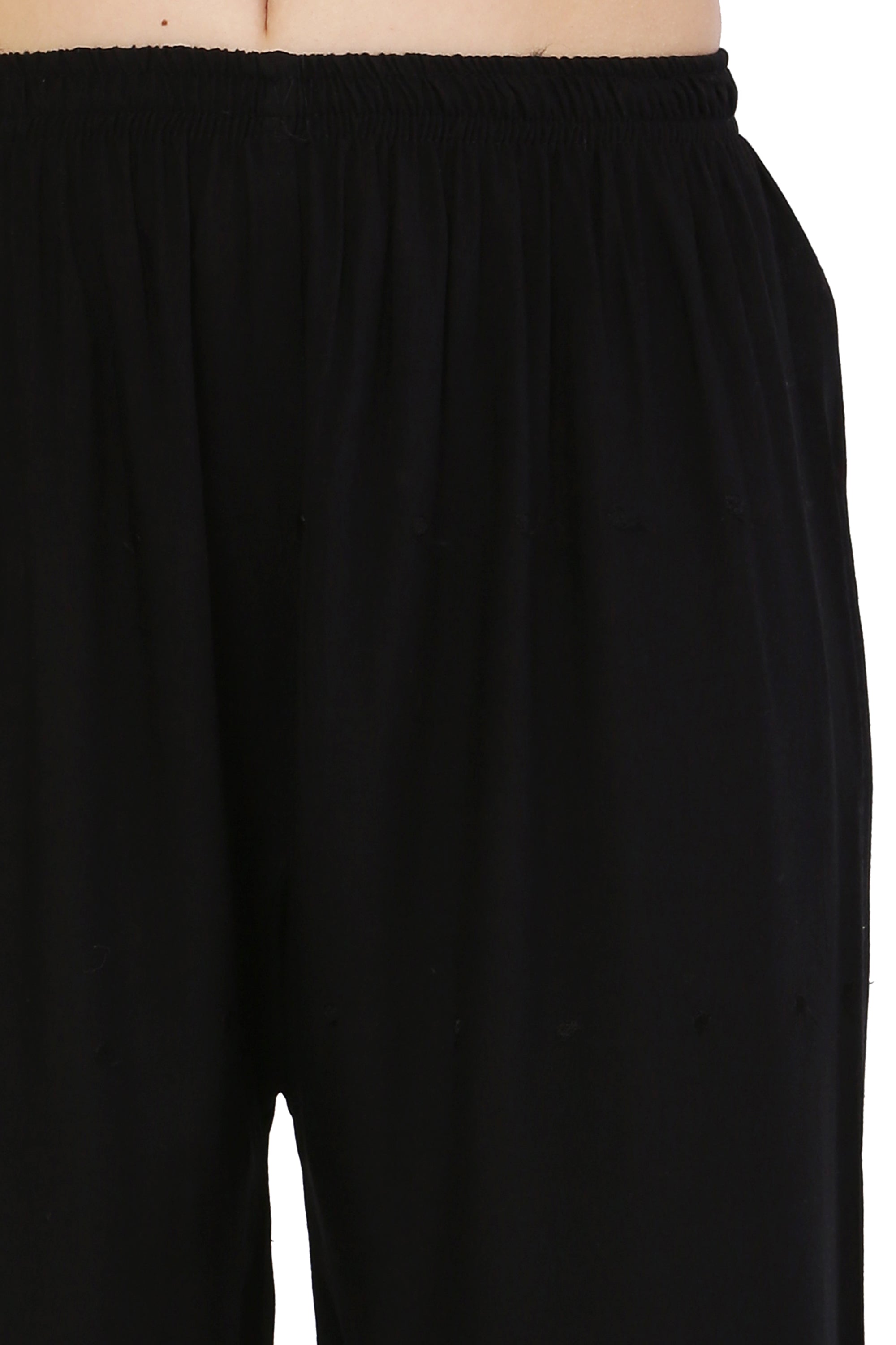 PAVONINE Black Color Half Schiffli Chikankari Rayon Fabric Palazzo For Women | Grocsy