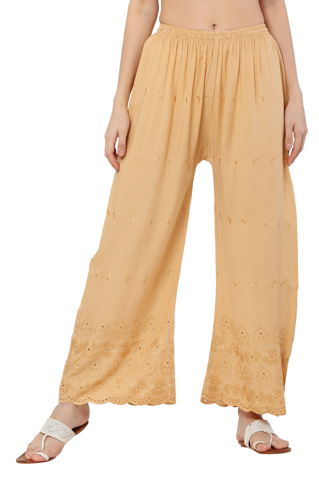 PAVONINE Beige Color Half Schiffli Chikankari Rayon Fabric Palazzo For Women | Grocsy