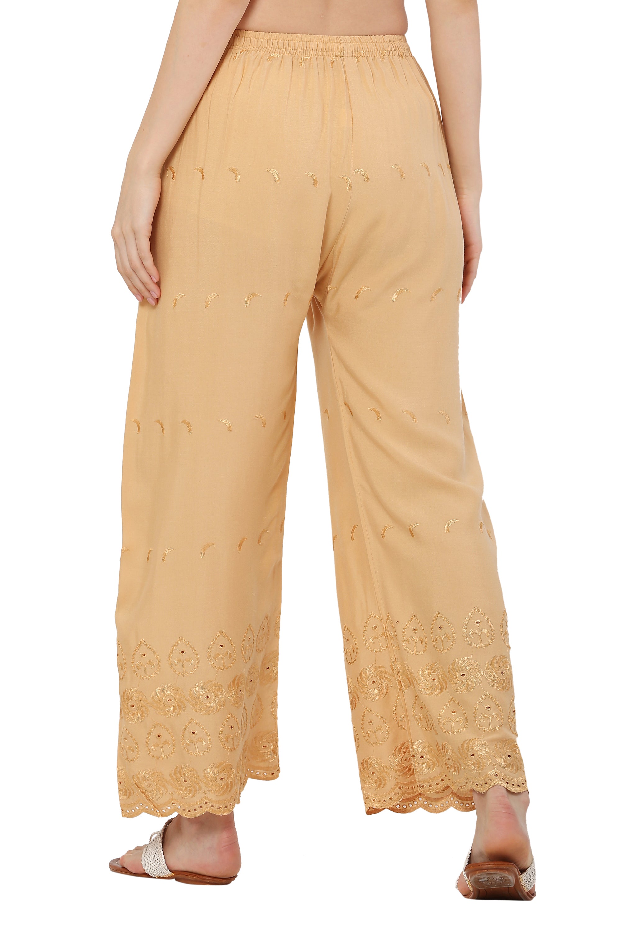 PAVONINE Beige Color Half Schiffli Chikankari Rayon Fabric Palazzo For Women | Grocsy