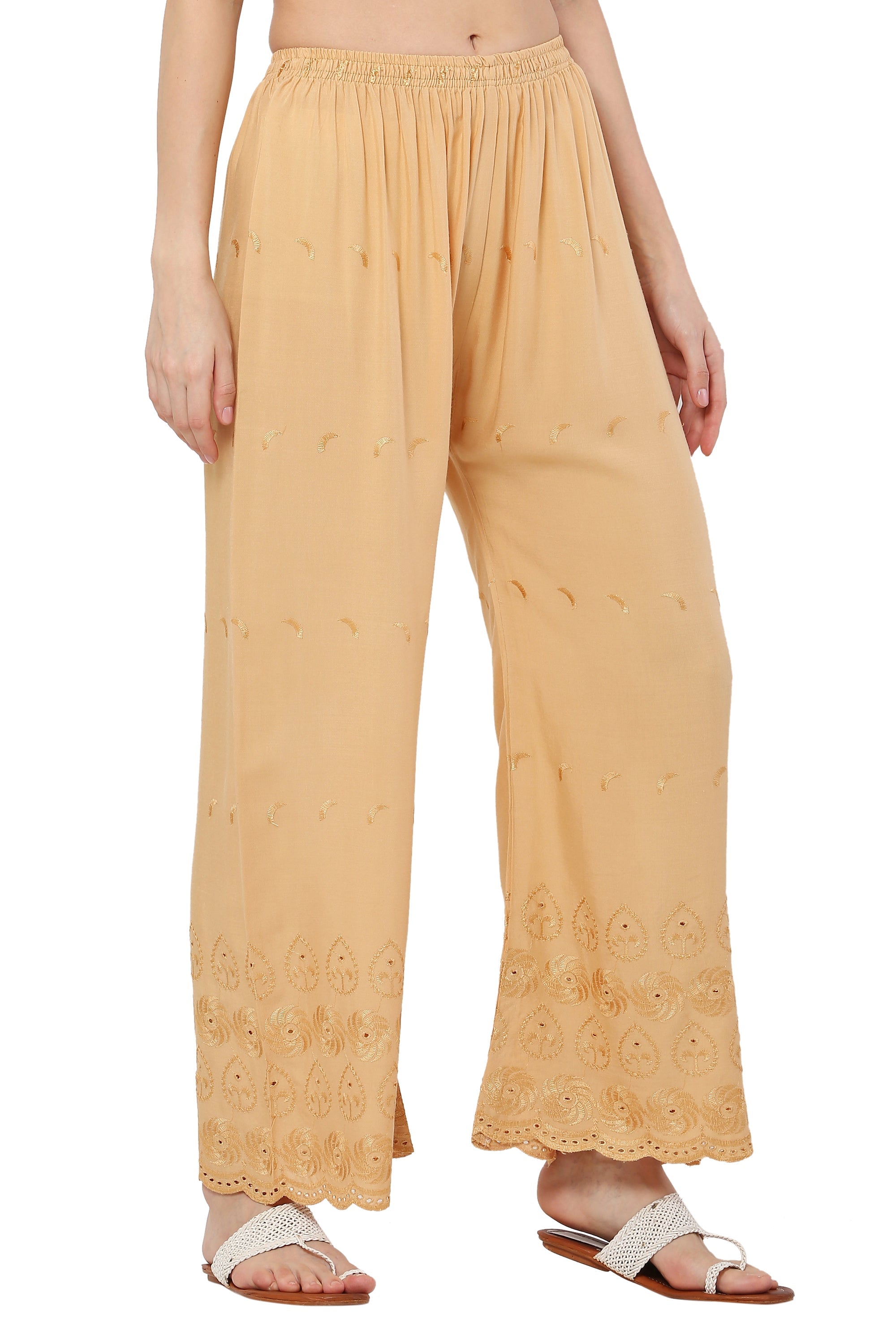 PAVONINE Beige Color Half Schiffli Chikankari Rayon Fabric Palazzo For Women | Grocsy