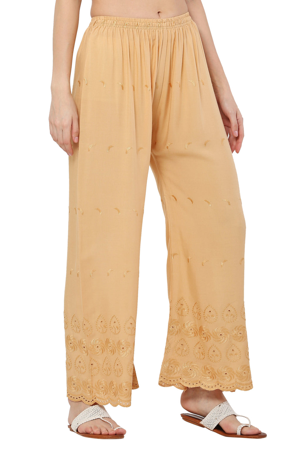 PAVONINE Beige Color Half Schiffli Chikankari Rayon Fabric Sharara For Women | Grocsy
