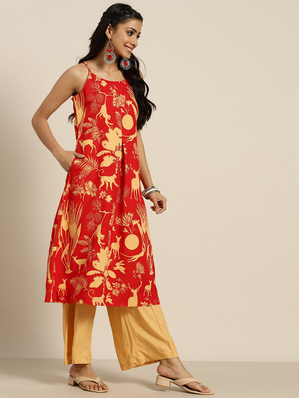 Sangria Women Red & Yellow Quirky Printed Kurta with Palazzos & Dupatta | Grocsy