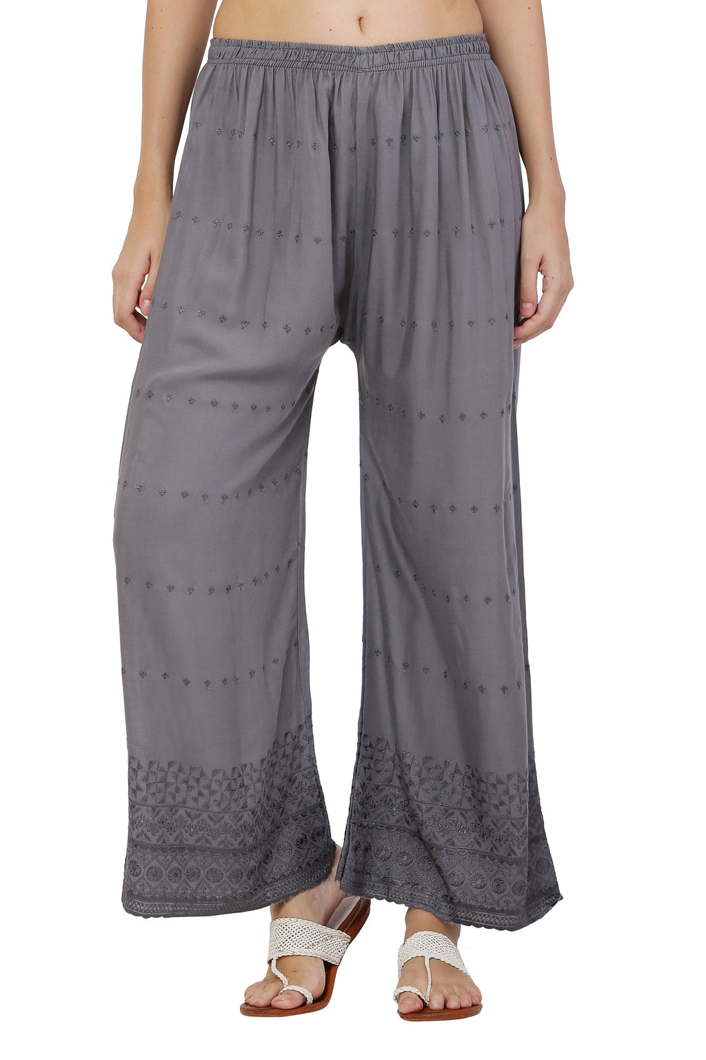 PAVONINE Grey Color Half Schiffli Chikankari Rayon Fabric Sharara For Women | Grocsy