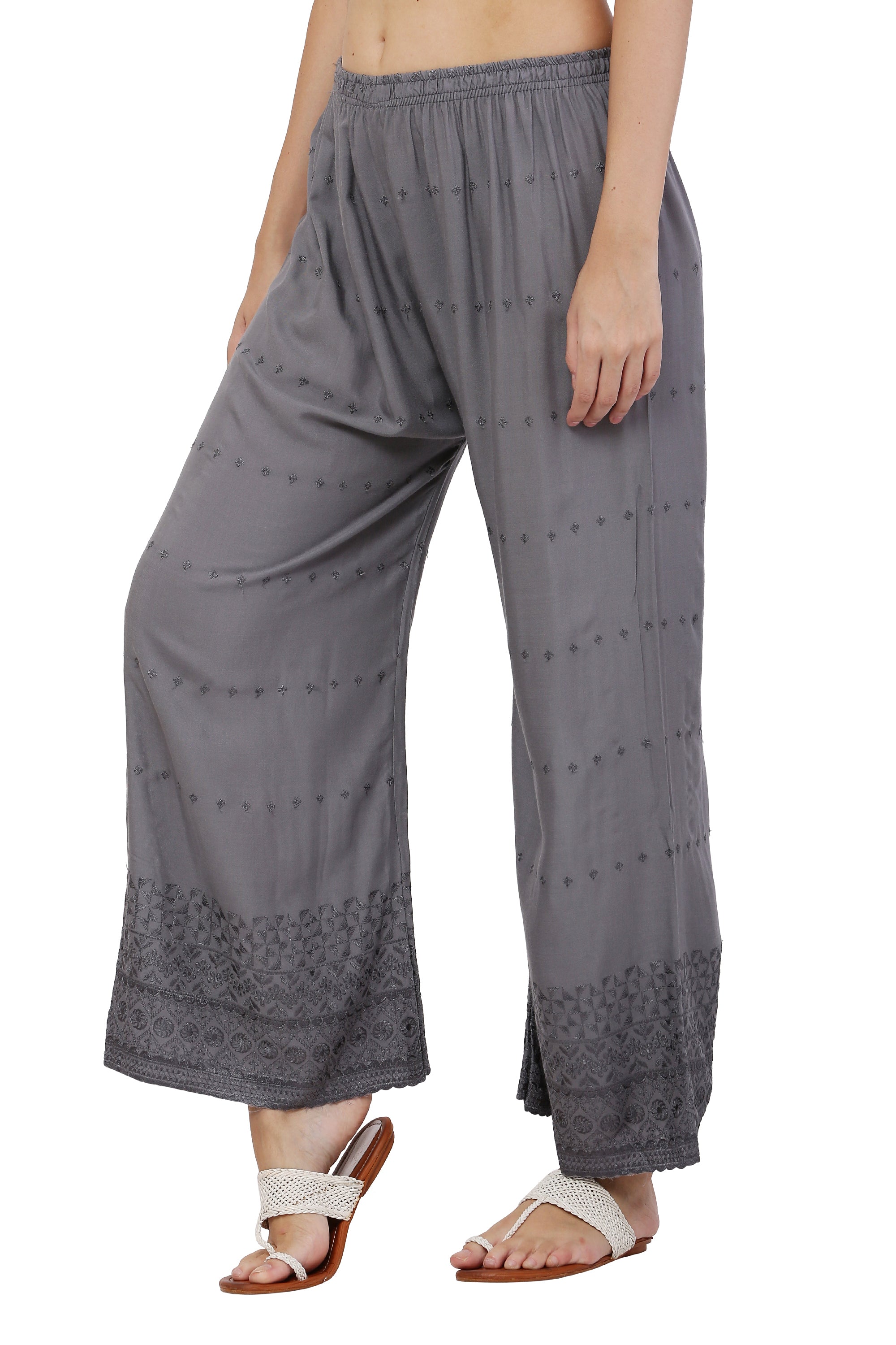 PAVONINE Grey Color Half Schiffli Chikankari Rayon Fabric Palazzo For Women | Grocsy