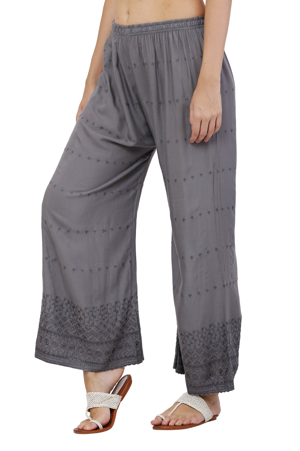 PAVONINE Grey Color Half Schiffli Chikankari Rayon Fabric Sharara For Women | Grocsy