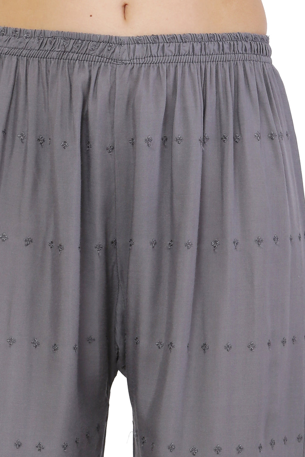 PAVONINE Grey Color Half Schiffli Chikankari Rayon Fabric Palazzo For Women | Grocsy