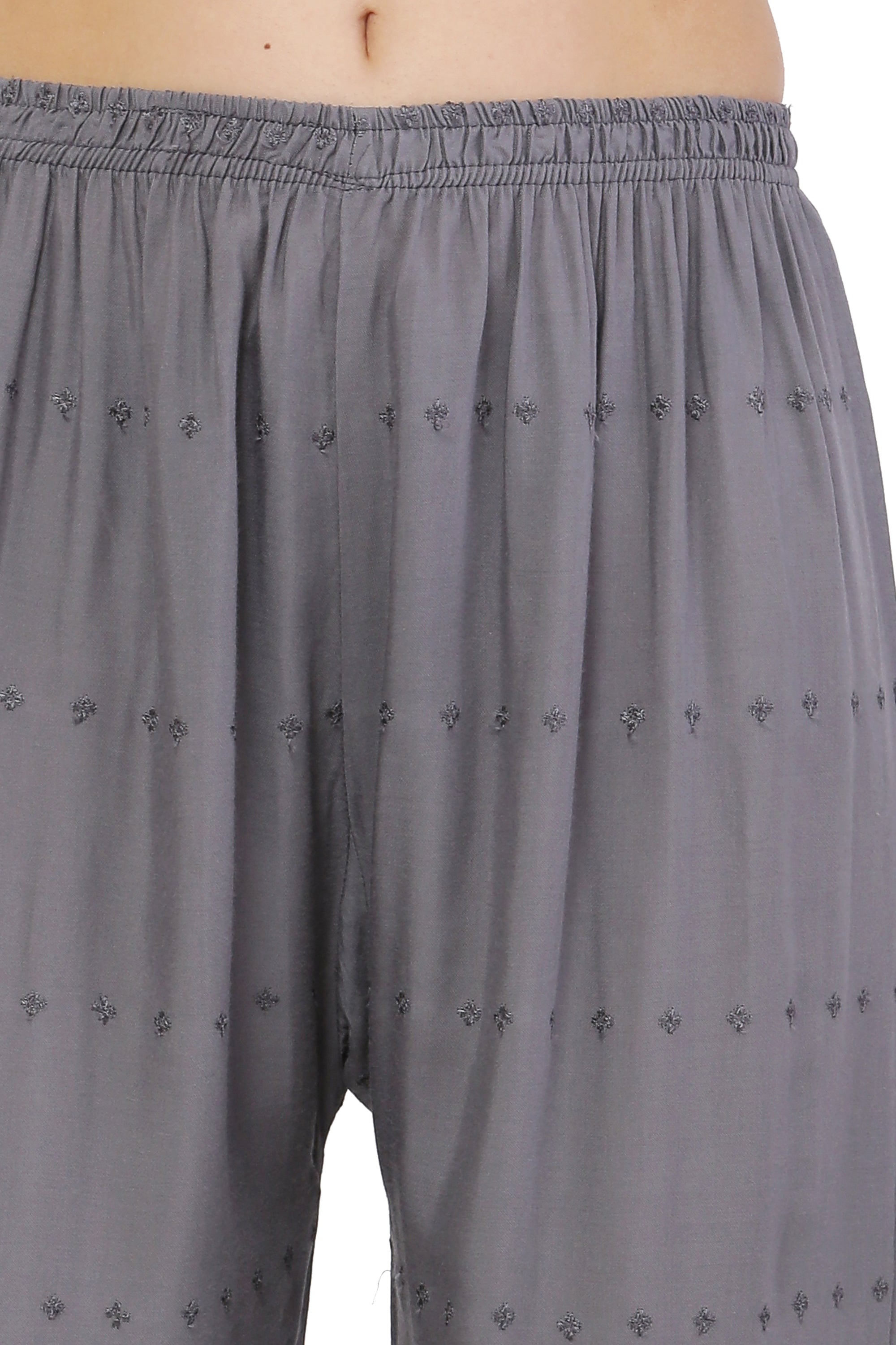PAVONINE Grey Color Half Schiffli Chikankari Rayon Fabric Palazzo For Women | Grocsy