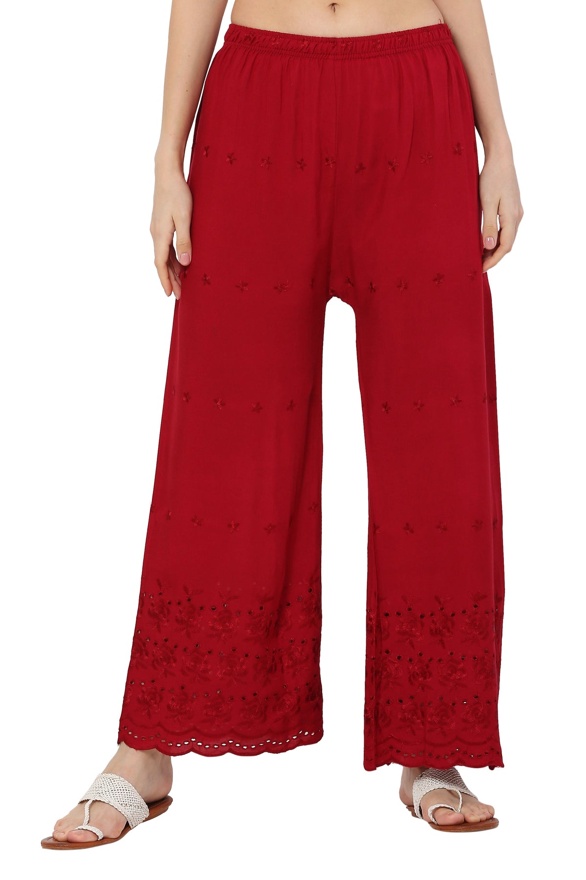 PAVONINE Maroon Color Half Schiffli Chikankari Rayon Fabric Palazzo For Women | Grocsy