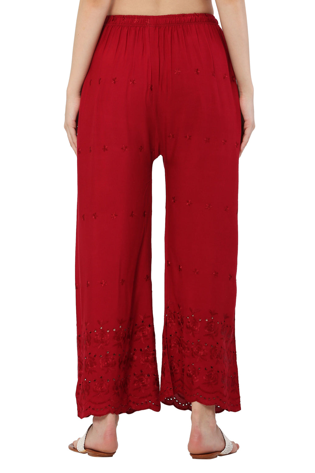 PAVONINE Maroon Color Half Schiffli Chikankari Rayon Fabric Palazzo For Women | Grocsy