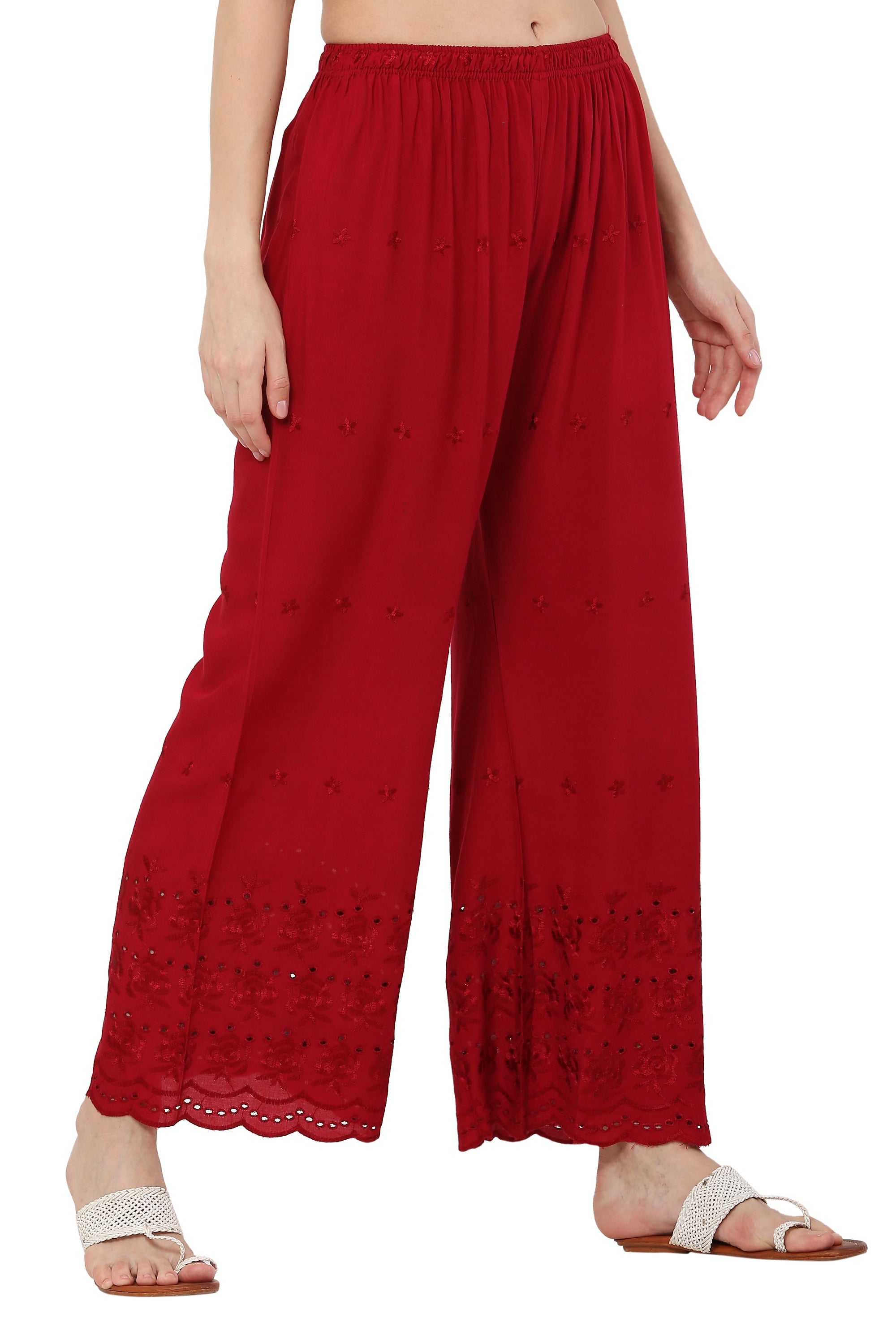 PAVONINE Maroon Color Half Schiffli Chikankari Rayon Fabric Palazzo For Women | Grocsy