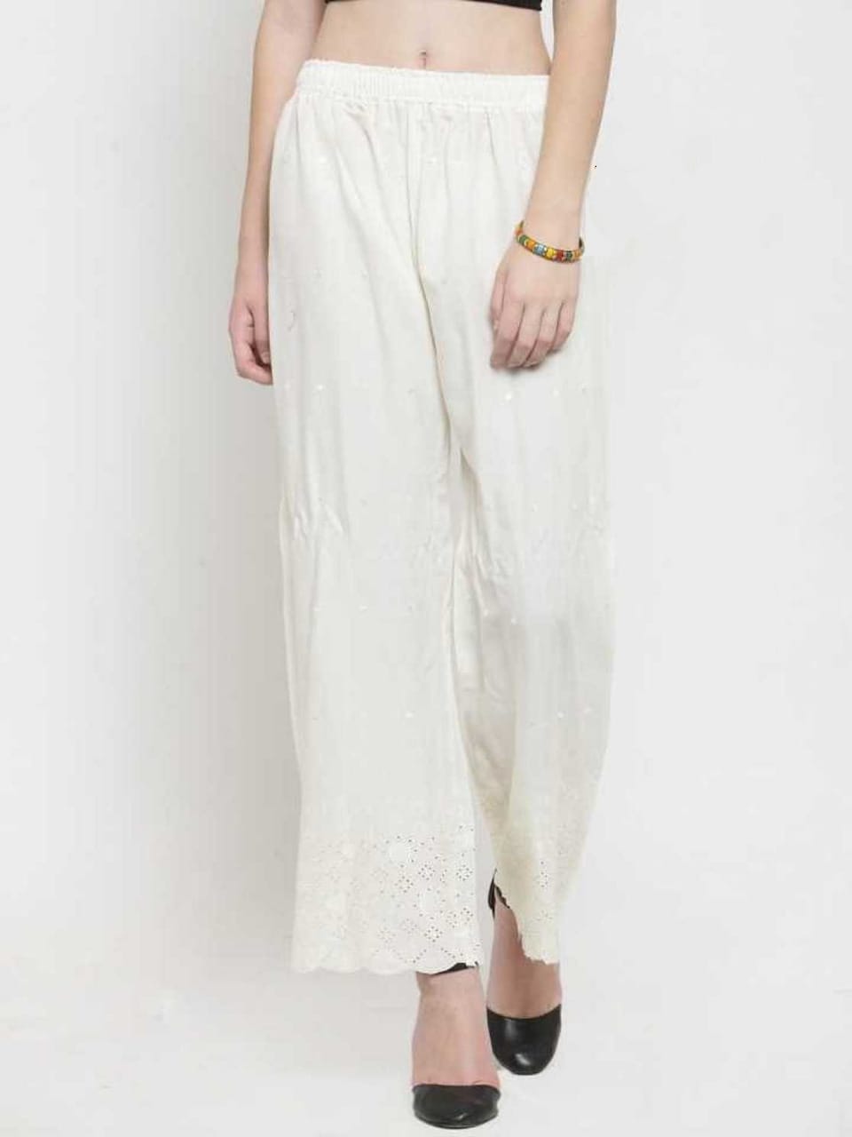 PAVONINE Off-White Color Half Schiffli Chikankari Rayon Fabric Palazzo For Women | Grocsy