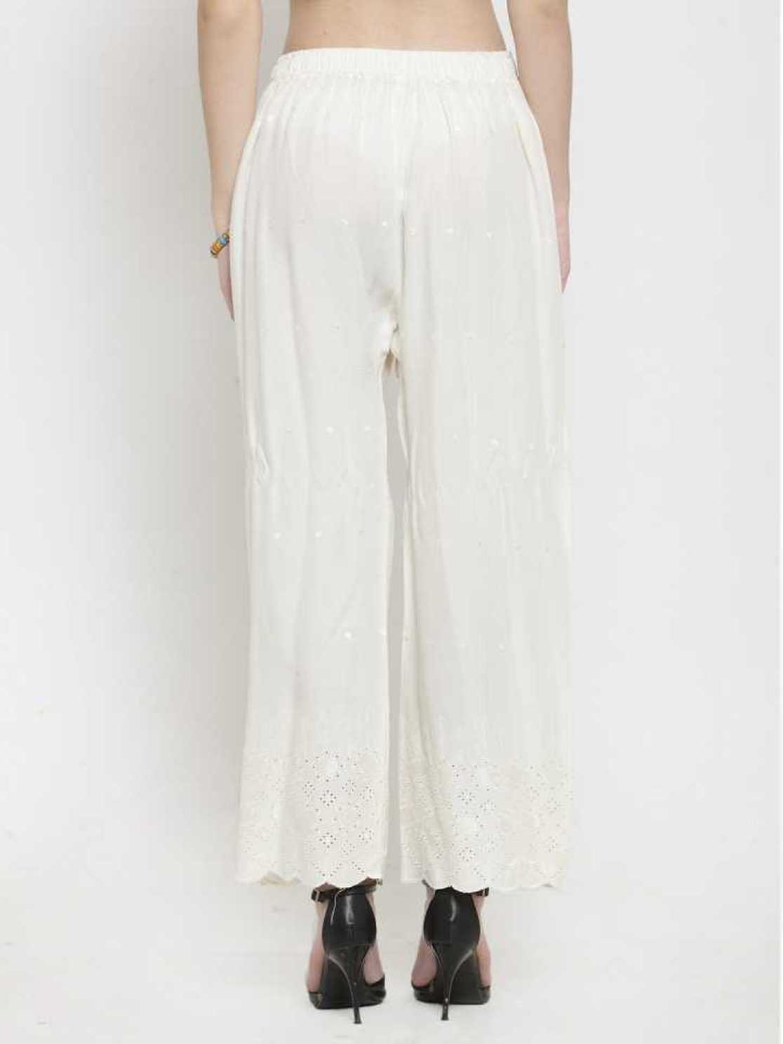 PAVONINE Off-White Color Half Schiffli Chikankari Rayon Fabric Palazzo For Women | Grocsy